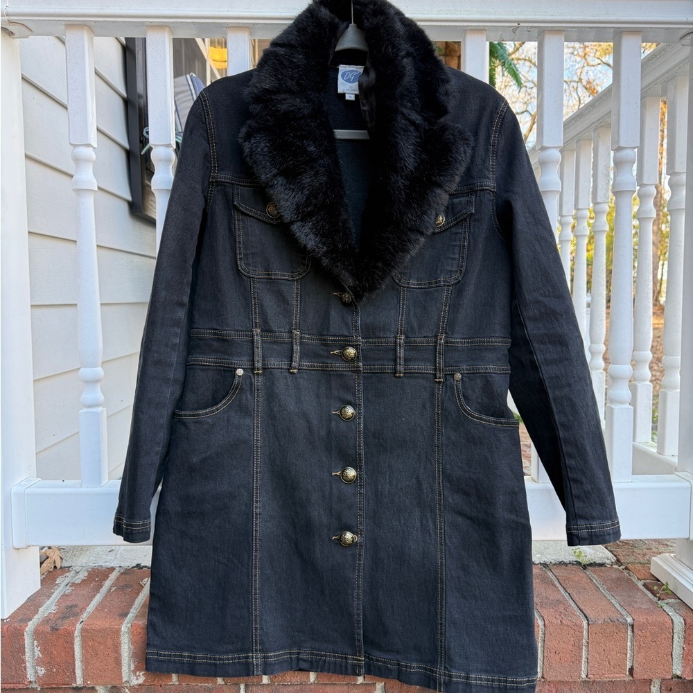 Vintage Diane Gilman DG Trucker Fur Collar Stretchy Jacket Dress Size Medium - Picture 2 of 7